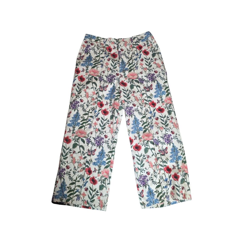 Cider Happy Hour Floral Wide Leg Trousers Pleated Cream Botanical Pants 16-18